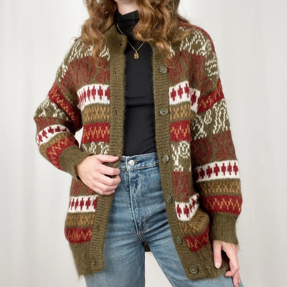 Vintage Oversized Mohair Wool Nordic Fair Isle Knit Christmas Cardigan Sweater - Picture 1 of 8